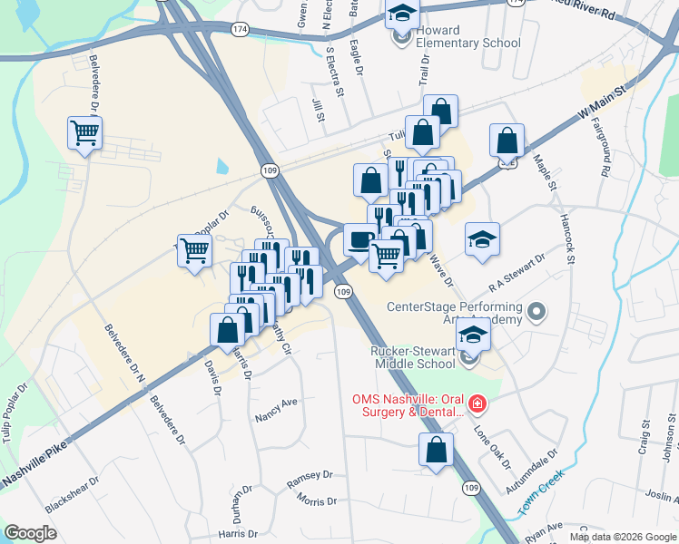map of restaurants, bars, coffee shops, grocery stores, and more near Highway 109 in Gallatin