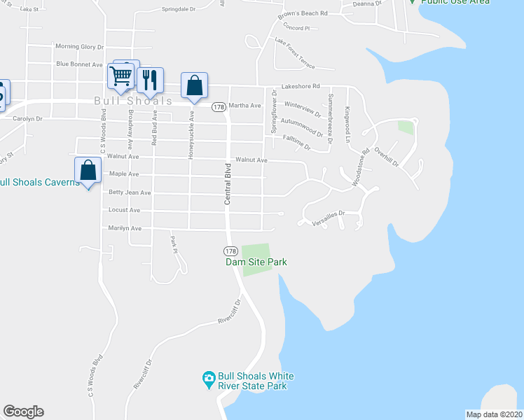 map of restaurants, bars, coffee shops, grocery stores, and more near 500 Locust Avenue in Bull Shoals
