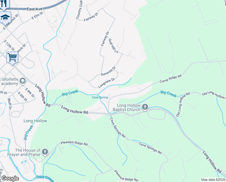 map of restaurants, bars, coffee shops, grocery stores, and more near 181 Camp Ridge Road in LaFollette