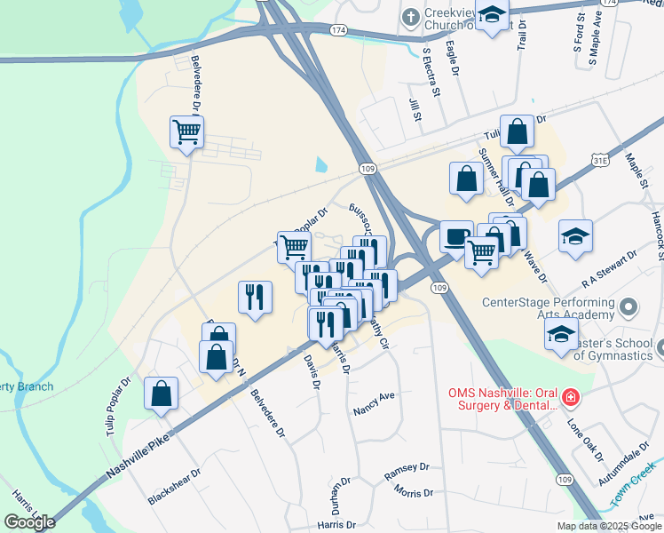map of restaurants, bars, coffee shops, grocery stores, and more near Village Green Crossing in Gallatin