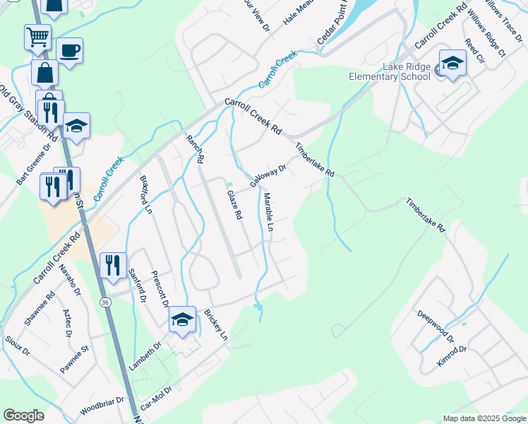 map of restaurants, bars, coffee shops, grocery stores, and more near 4019 Marable Lane in Johnson City
