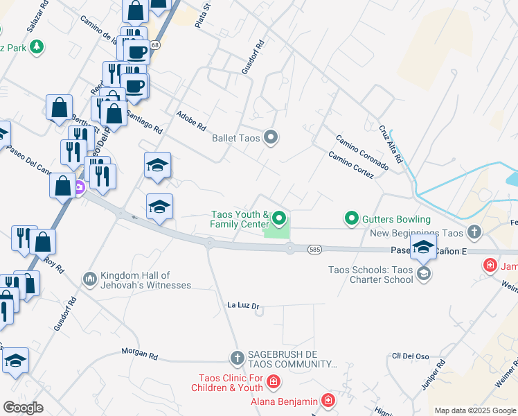 map of restaurants, bars, coffee shops, grocery stores, and more near Calle Palomita in Taos