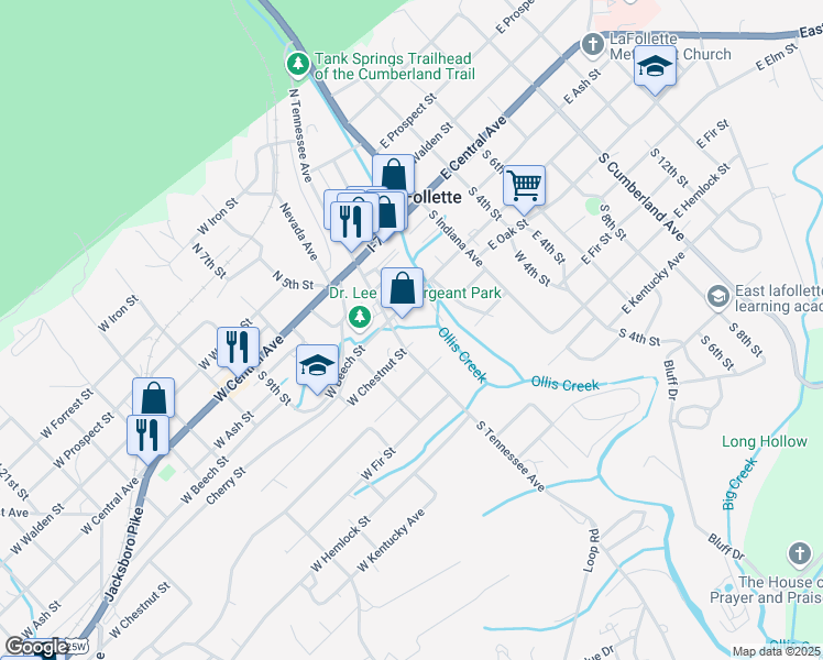map of restaurants, bars, coffee shops, grocery stores, and more near 407 South Tennessee Avenue in LaFollette