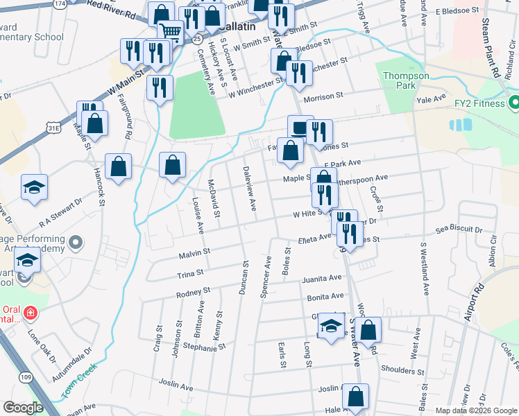 map of restaurants, bars, coffee shops, grocery stores, and more near 215 West Hite Street in Gallatin