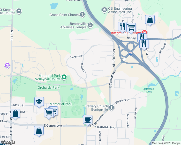 map of restaurants, bars, coffee shops, grocery stores, and more near 2509 Purdue Circle in Bentonville