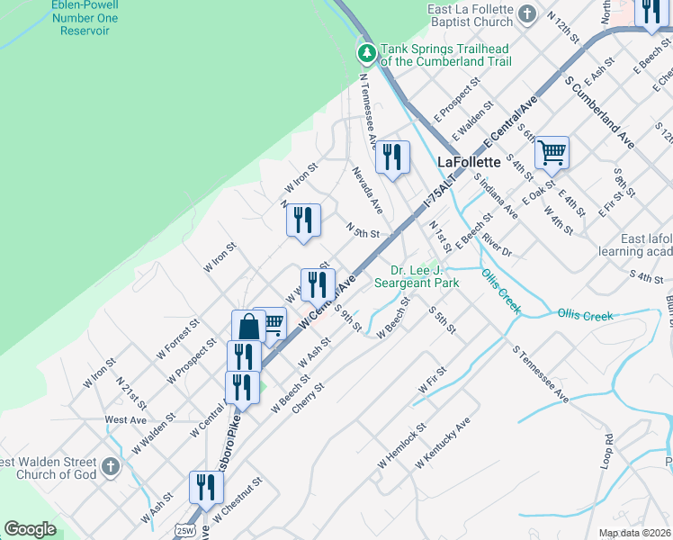 map of restaurants, bars, coffee shops, grocery stores, and more near 311 West Central Avenue in LaFollette