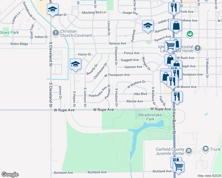 map of restaurants, bars, coffee shops, grocery stores, and more near 1605 Hite Boulevard in Enid
