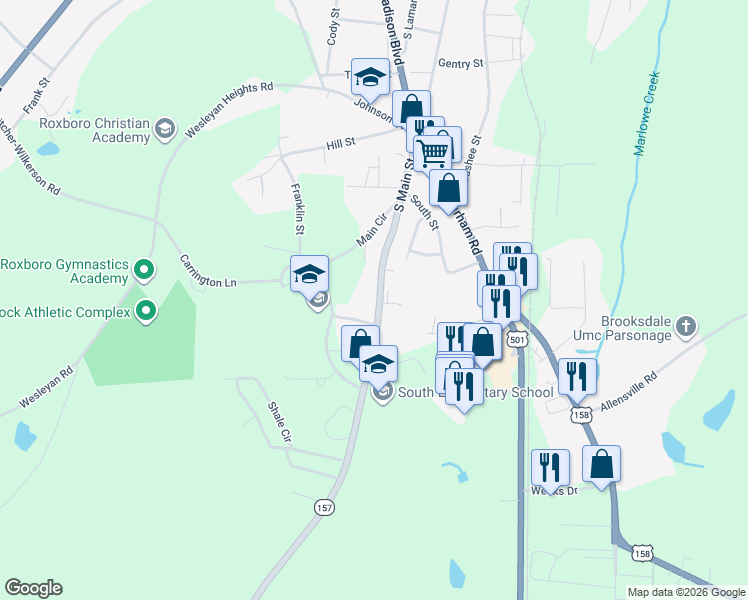 map of restaurants, bars, coffee shops, grocery stores, and more near 1084 Hurdle Mills Road in Roxboro