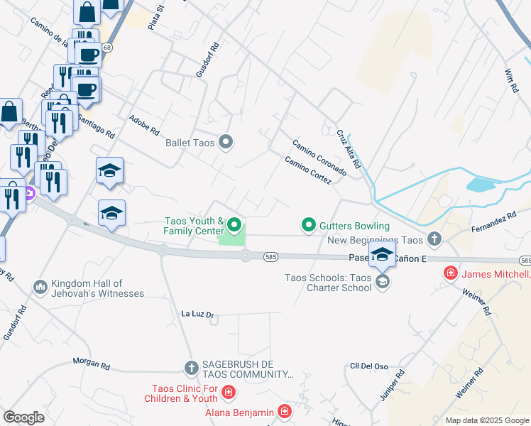 map of restaurants, bars, coffee shops, grocery stores, and more near Rainbow St in Taos