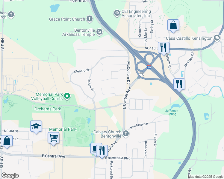 map of restaurants, bars, coffee shops, grocery stores, and more near 2610 Walker in Bentonville