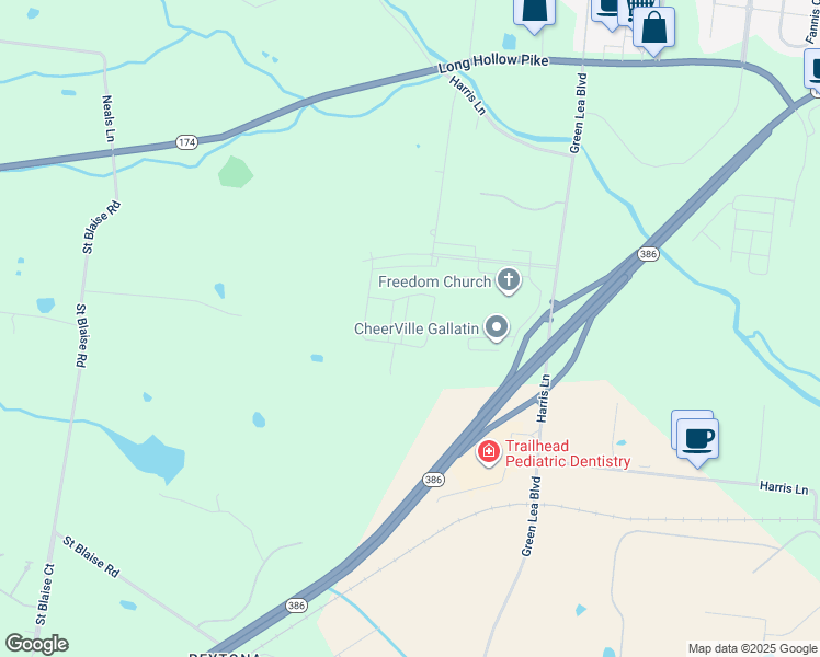 map of restaurants, bars, coffee shops, grocery stores, and more near 1601 Green Lea Boulevard in Gallatin