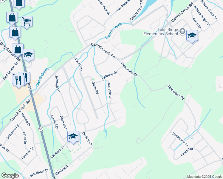 map of restaurants, bars, coffee shops, grocery stores, and more near 4111 Marable Lane in Johnson City