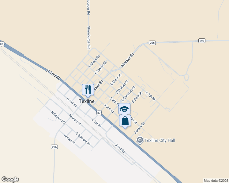 map of restaurants, bars, coffee shops, grocery stores, and more near South 5th Street in Texline