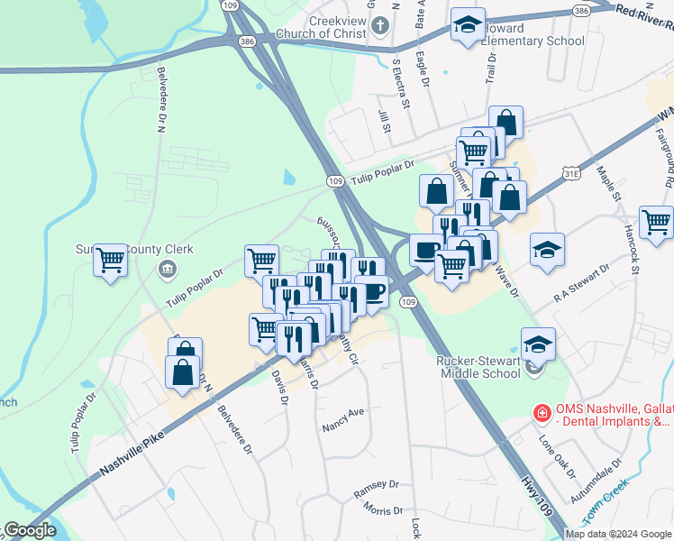 map of restaurants, bars, coffee shops, grocery stores, and more near Village Green Crossing in Gallatin