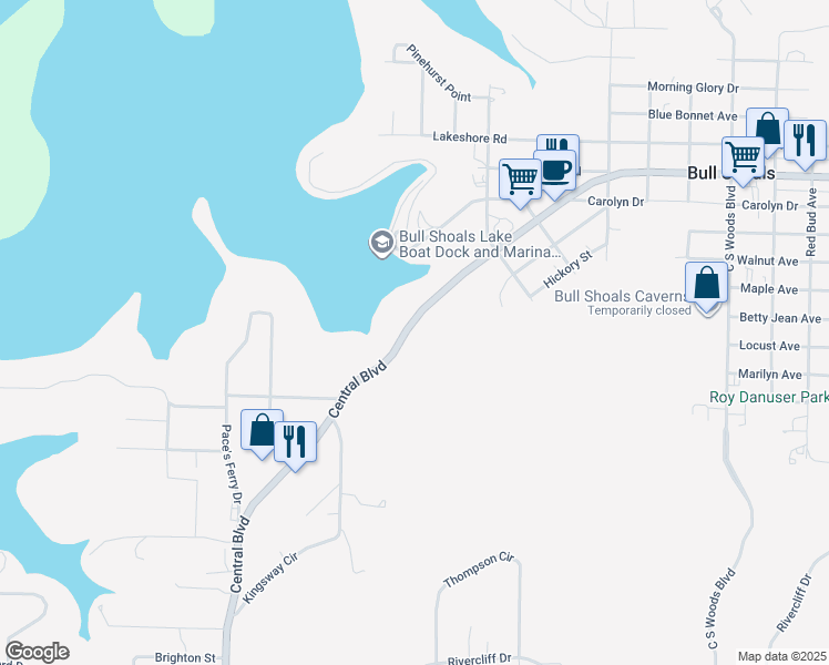 map of restaurants, bars, coffee shops, grocery stores, and more near 1811 Central Boulevard in Bull Shoals
