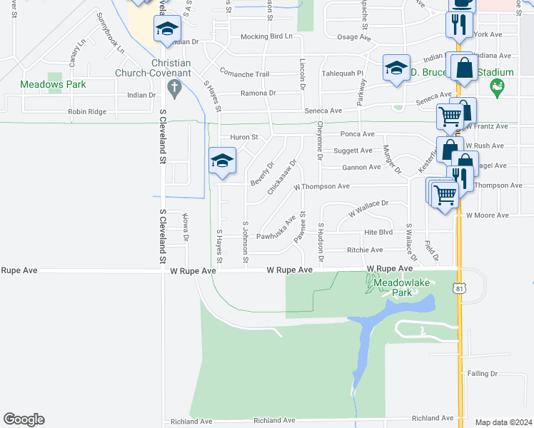 map of restaurants, bars, coffee shops, grocery stores, and more near 1806 West Thompson Avenue in Enid