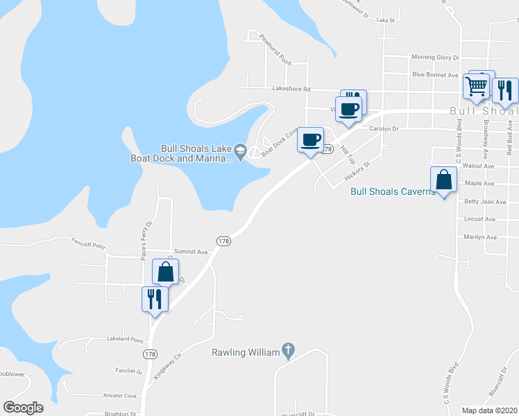 map of restaurants, bars, coffee shops, grocery stores, and more near 1811 Central Boulevard in Bull Shoals
