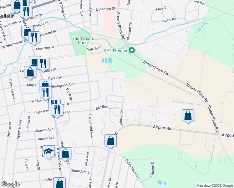 map of restaurants, bars, coffee shops, grocery stores, and more near 533 Bentley Street in Gallatin