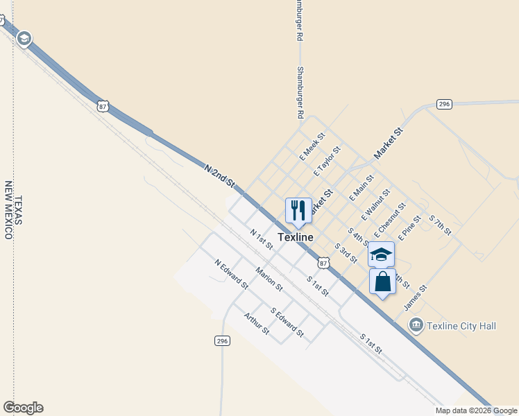 map of restaurants, bars, coffee shops, grocery stores, and more near 200 East Meek Street in Texline