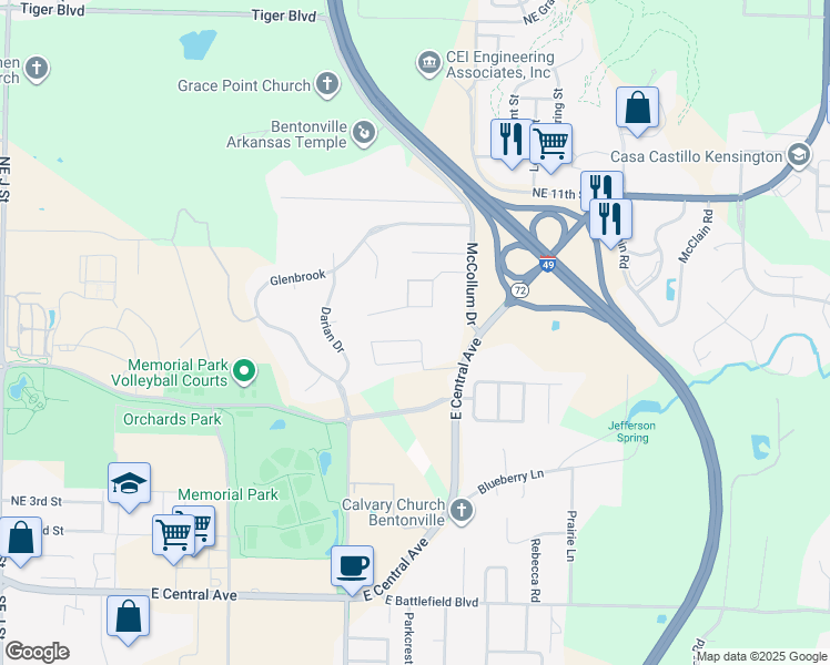 map of restaurants, bars, coffee shops, grocery stores, and more near 2610 Walker in Bentonville