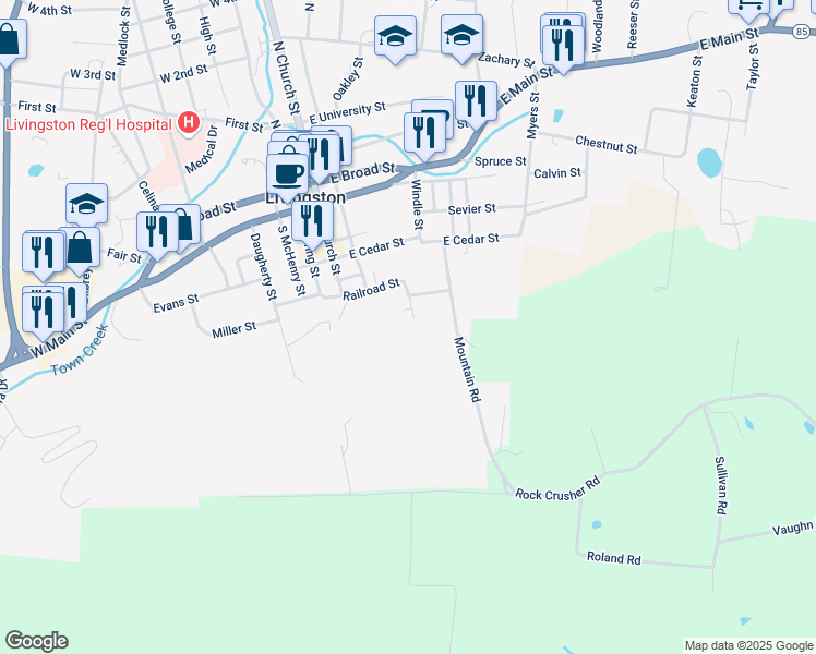 map of restaurants, bars, coffee shops, grocery stores, and more near 105 Collins Street in Livingston