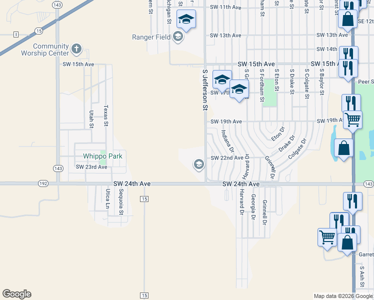 map of restaurants, bars, coffee shops, grocery stores, and more near 2062-2198 South Jefferson Street in Perryton