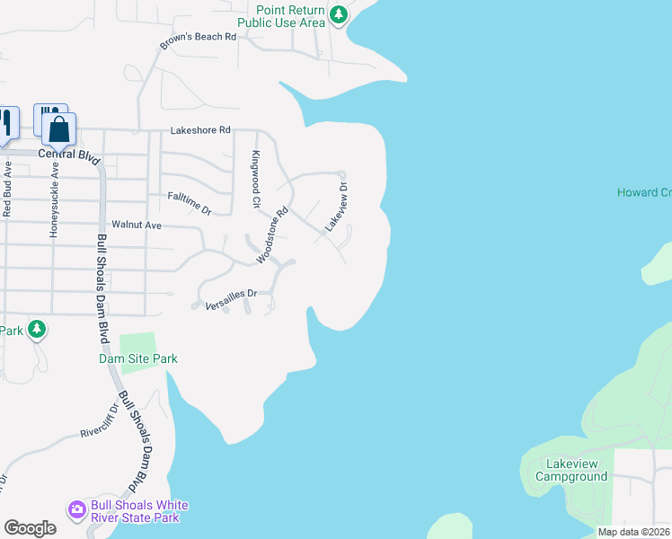 map of restaurants, bars, coffee shops, grocery stores, and more near 129 Overhill Drive in Bull Shoals