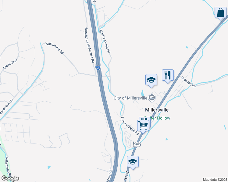 map of restaurants, bars, coffee shops, grocery stores, and more near 1104 Slaters Creek Road in Goodlettsville