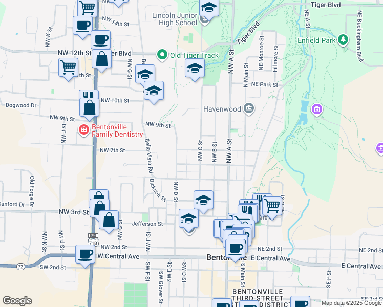 map of restaurants, bars, coffee shops, grocery stores, and more near 403 Northwest 7th Street in Bentonville