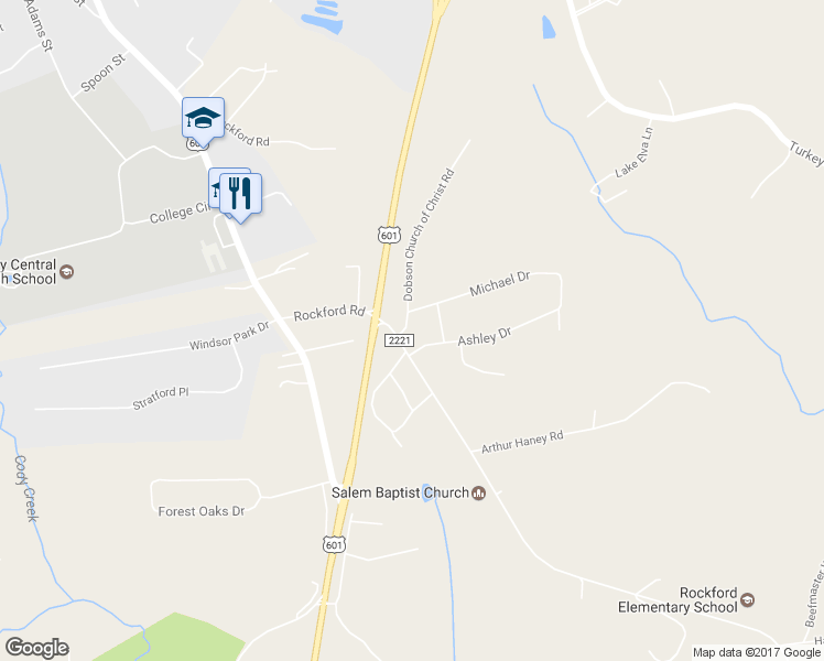 map of restaurants, bars, coffee shops, grocery stores, and more near 114 Dobson Church of Christ Road in Dobson