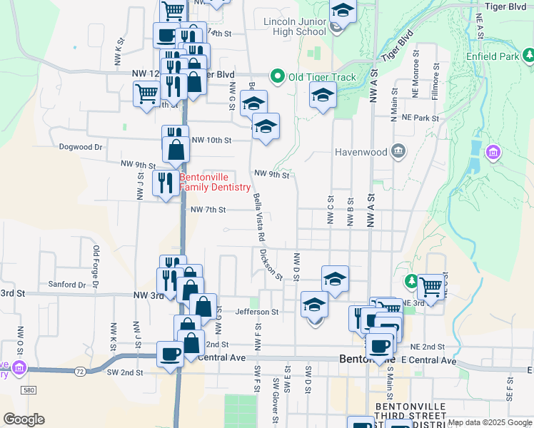 map of restaurants, bars, coffee shops, grocery stores, and more near 612 Bella Vista Road in Bentonville