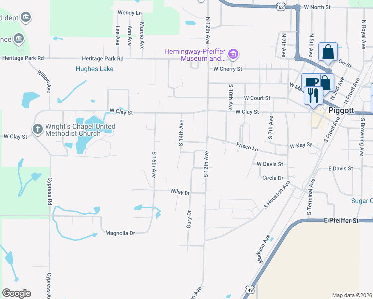 map of restaurants, bars, coffee shops, grocery stores, and more near 1329 Mulberry Drive in Piggott
