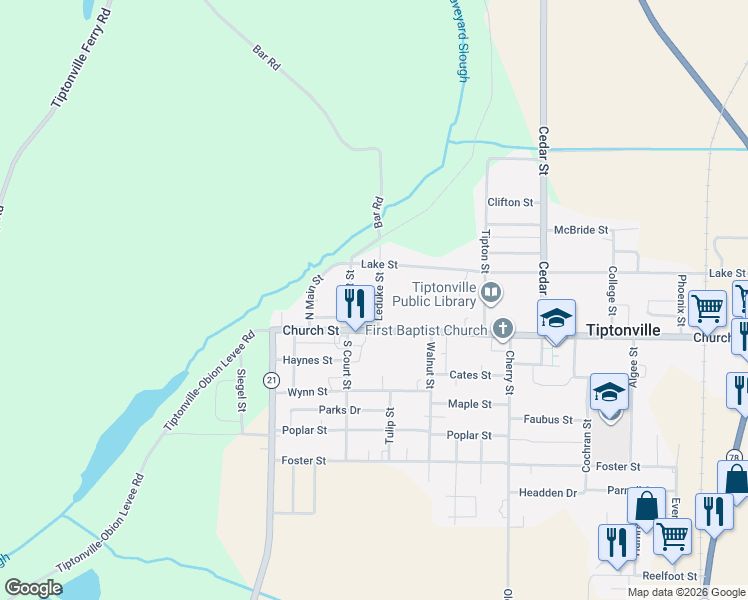 map of restaurants, bars, coffee shops, grocery stores, and more near 127 Leduke Street in Tiptonville