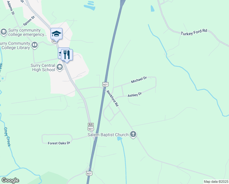 map of restaurants, bars, coffee shops, grocery stores, and more near 114 Dobson Church of Christ Road in Dobson