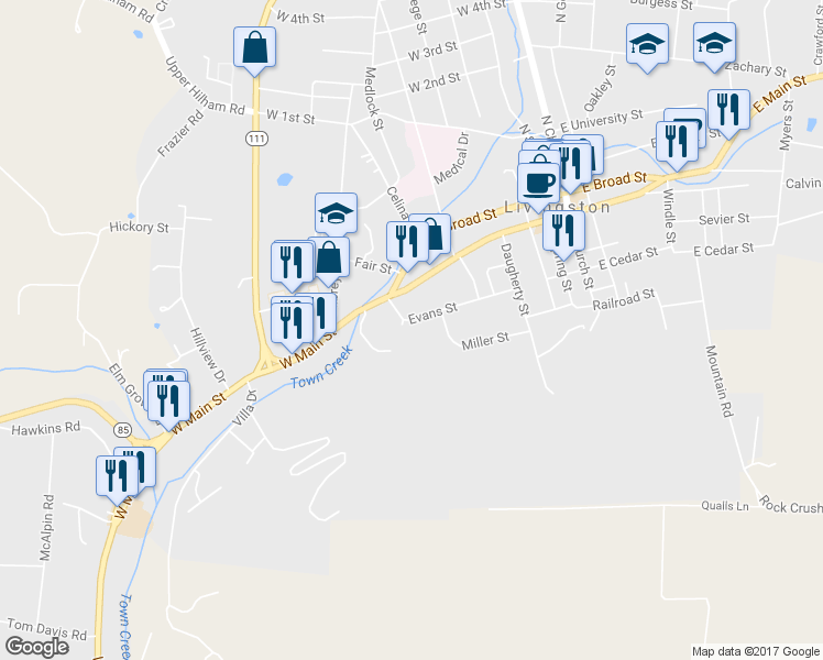 map of restaurants, bars, coffee shops, grocery stores, and more near 611 Evans St in Livingston