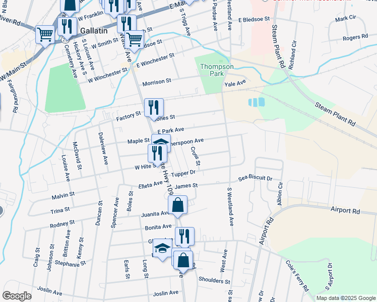 map of restaurants, bars, coffee shops, grocery stores, and more near 618 Cross Street in Gallatin