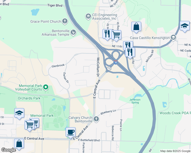map of restaurants, bars, coffee shops, grocery stores, and more near 701 McCollum Drive in Bentonville