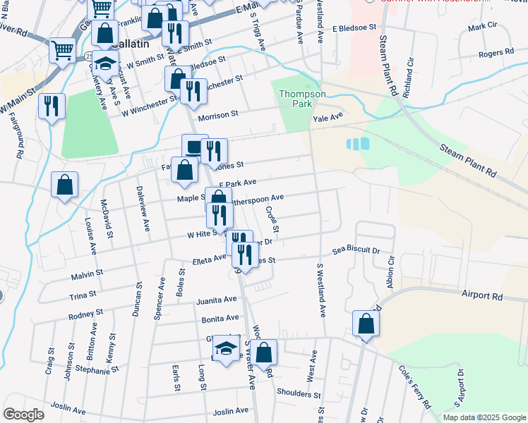 map of restaurants, bars, coffee shops, grocery stores, and more near 618 Cross Street in Gallatin