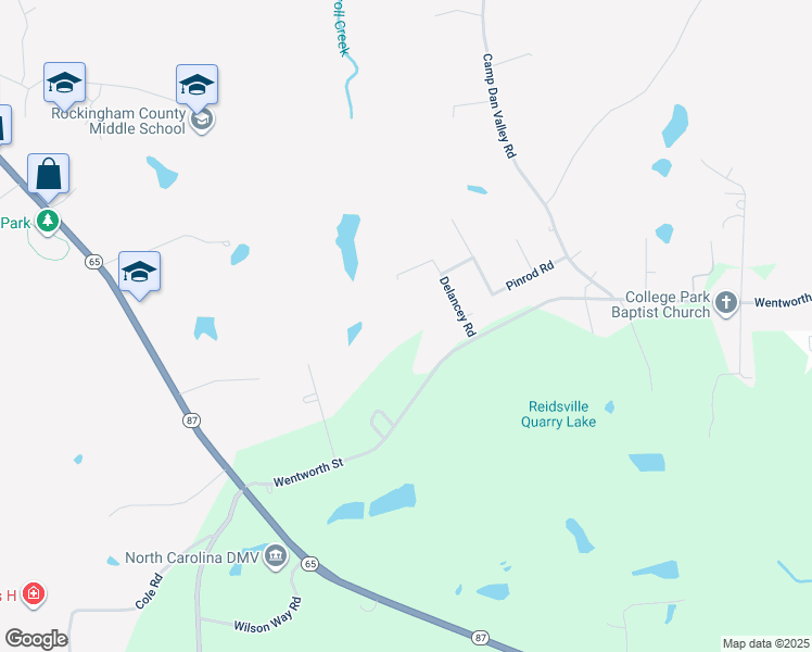 map of restaurants, bars, coffee shops, grocery stores, and more near 128 Delancey Road in Reidsville