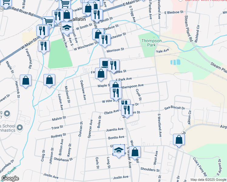 map of restaurants, bars, coffee shops, grocery stores, and more near 604 S Water Ave in Gallatin