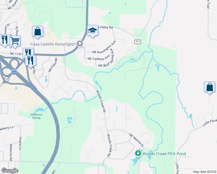 map of restaurants, bars, coffee shops, grocery stores, and more near 734 Northeast Woods Creek Road in Bentonville