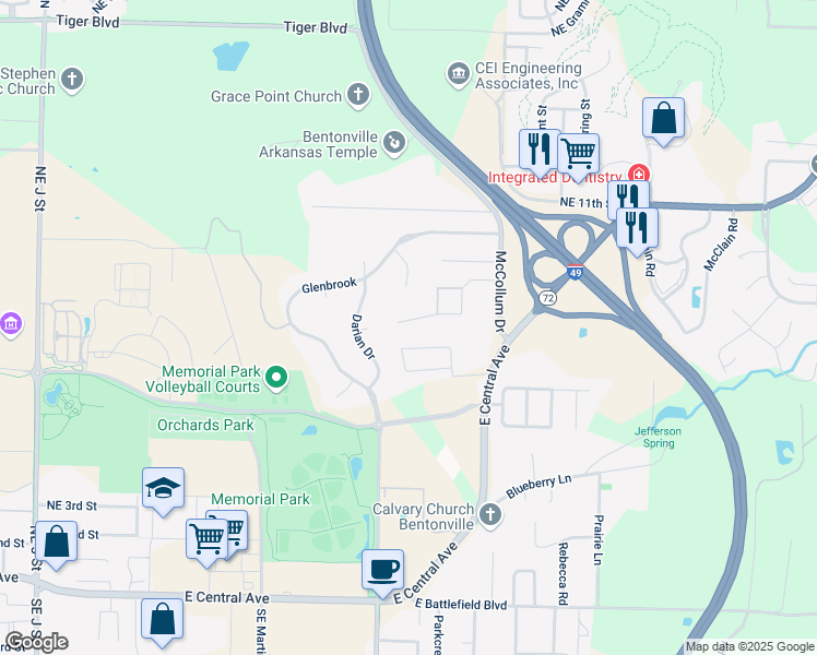 map of restaurants, bars, coffee shops, grocery stores, and more near 109 Ivy Place in Bentonville