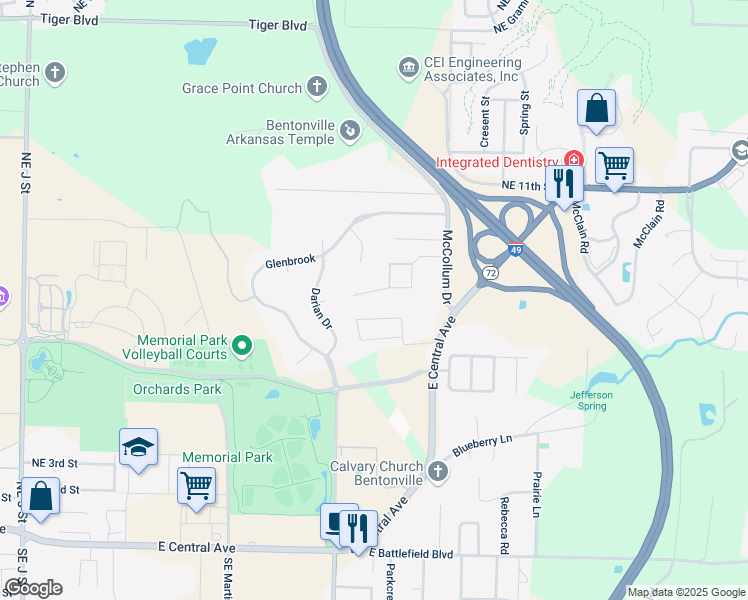 map of restaurants, bars, coffee shops, grocery stores, and more near 109 Ivy Place in Bentonville