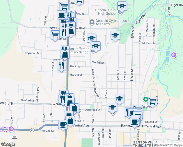 map of restaurants, bars, coffee shops, grocery stores, and more near 701 Bella Vista Road in Bentonville