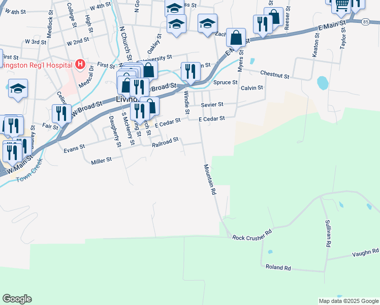 map of restaurants, bars, coffee shops, grocery stores, and more near 105 Collins St in Livingston