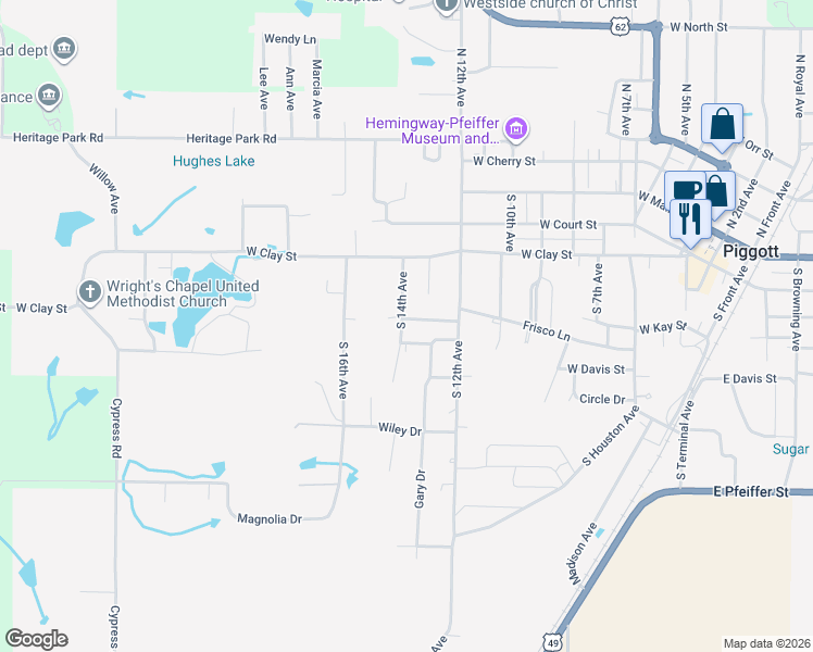 map of restaurants, bars, coffee shops, grocery stores, and more near 1329 Mulberry Drive in Piggott