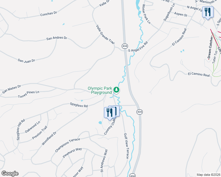 map of restaurants, bars, coffee shops, grocery stores, and more near San Mateo Drive in Angel Fire