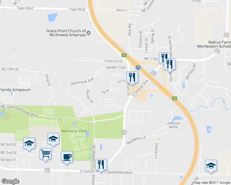 map of restaurants, bars, coffee shops, grocery stores, and more near 13 Ivy Circle in Bentonville