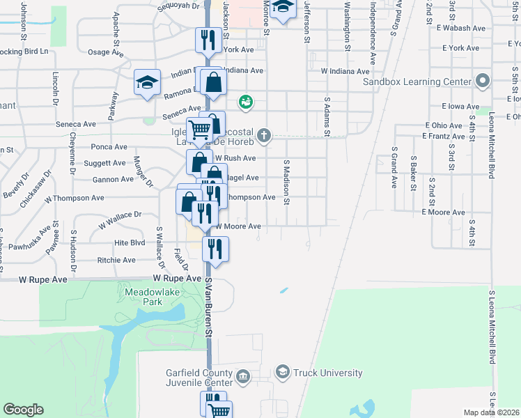 map of restaurants, bars, coffee shops, grocery stores, and more near 1634 South Monroe Street in Enid