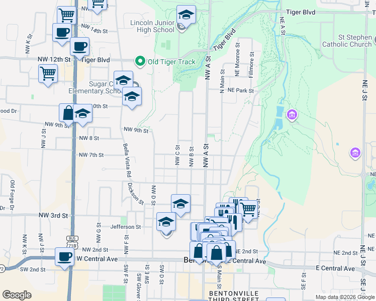 map of restaurants, bars, coffee shops, grocery stores, and more near 311 Northwest 7th Street in Bentonville
